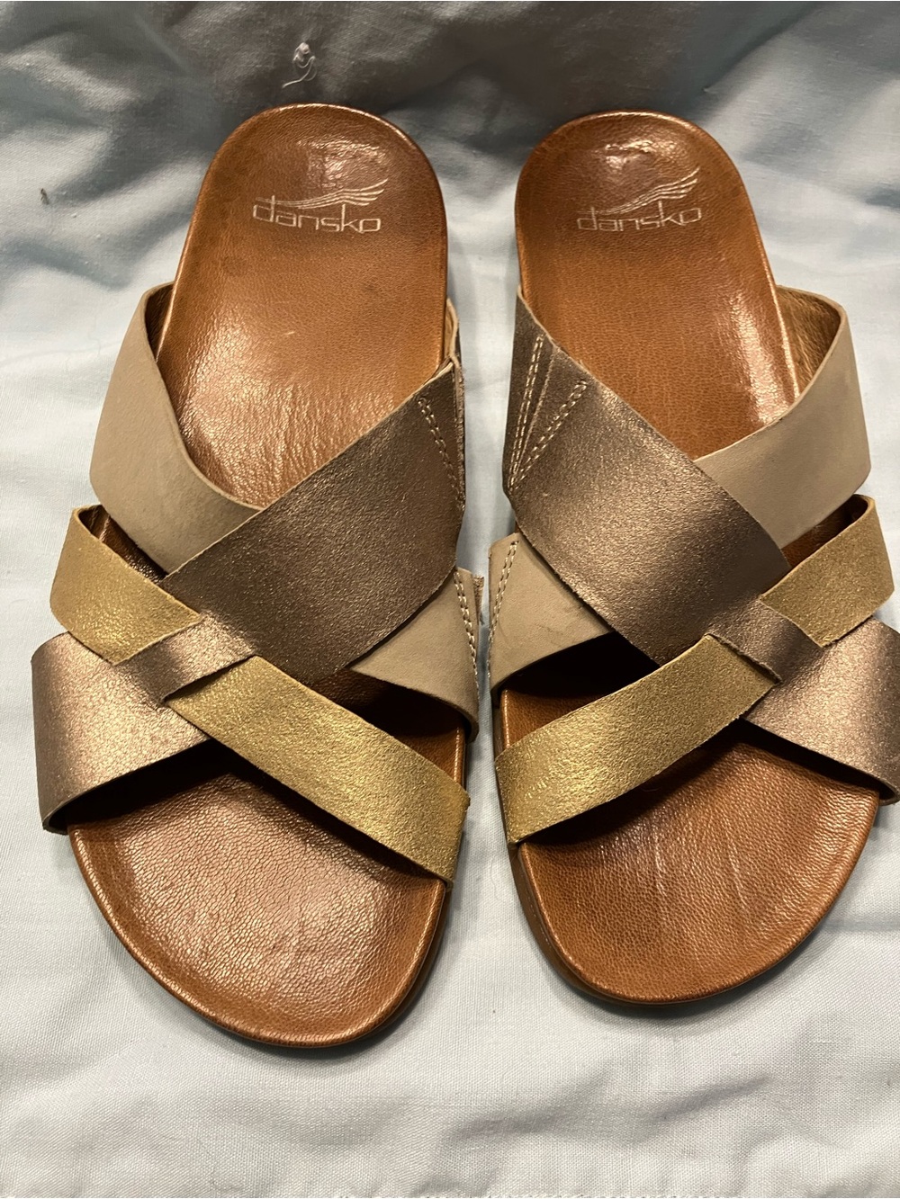 Dansko Women's Metallic Gold & Taupe Leather Slide Sandals